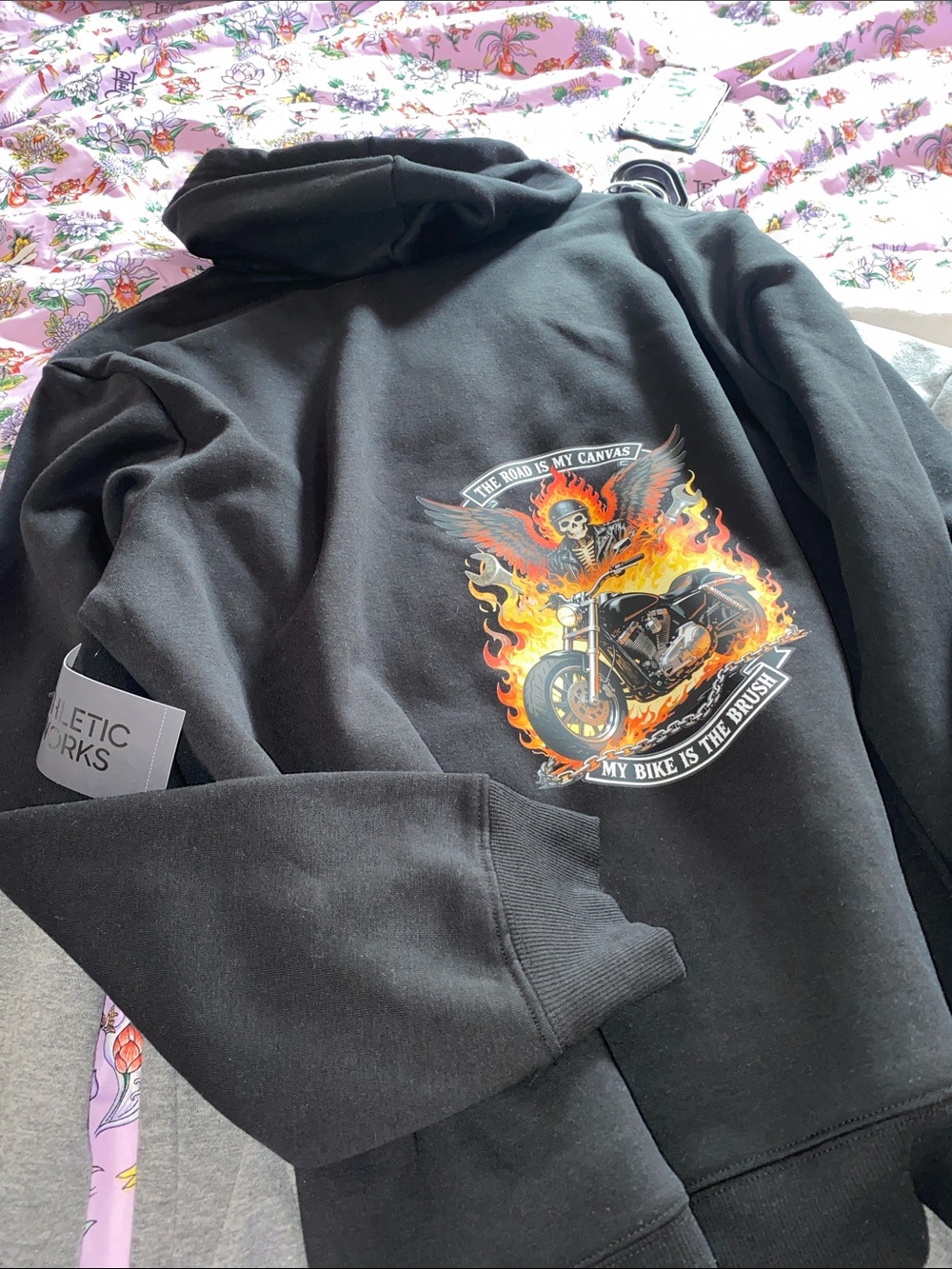 Athletic Works Black Crewneck Hoodie with Flaming Motorcycle Graphic